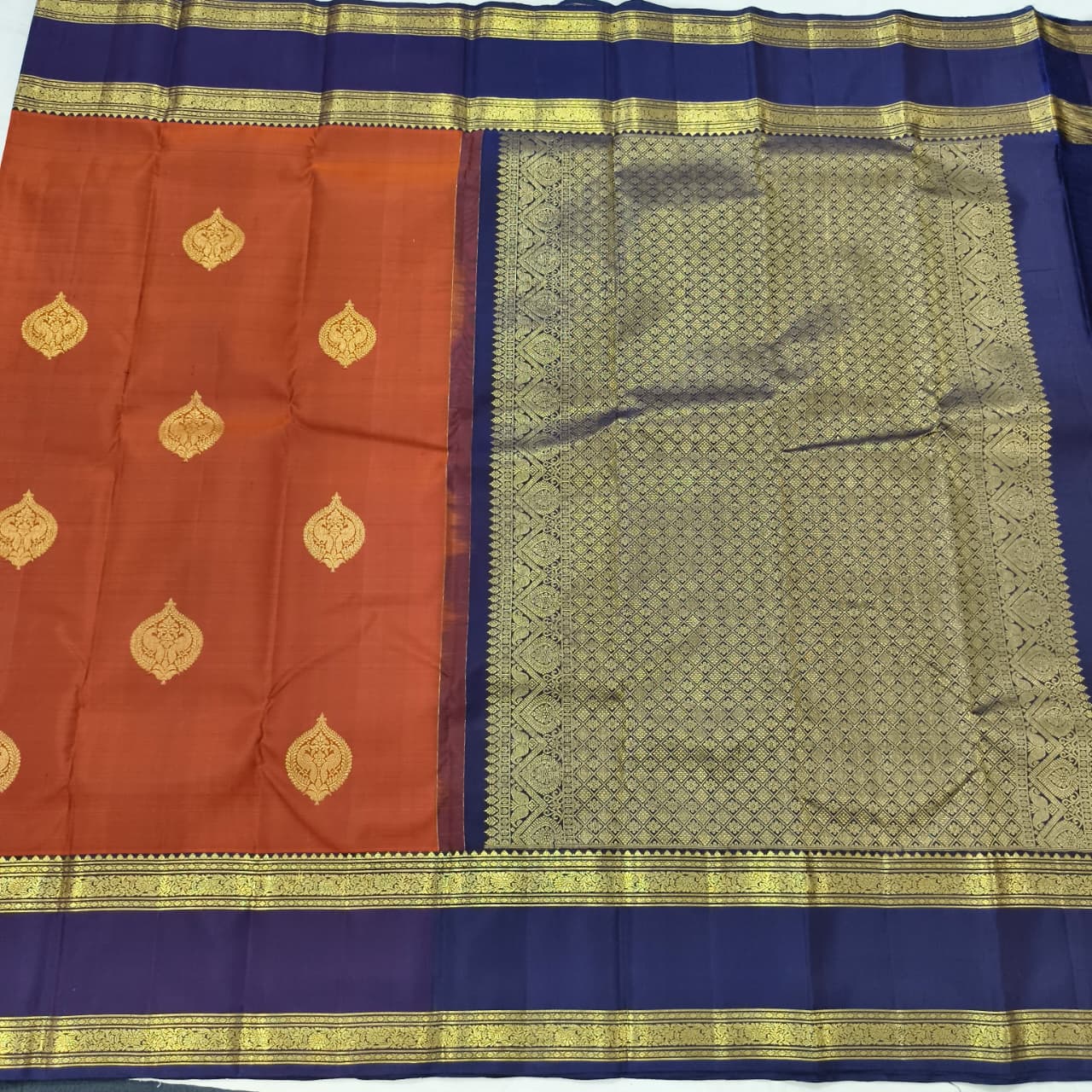 Pure Kanchipuram Silk Saree – Rust Orange and Navy Blue with Bentex