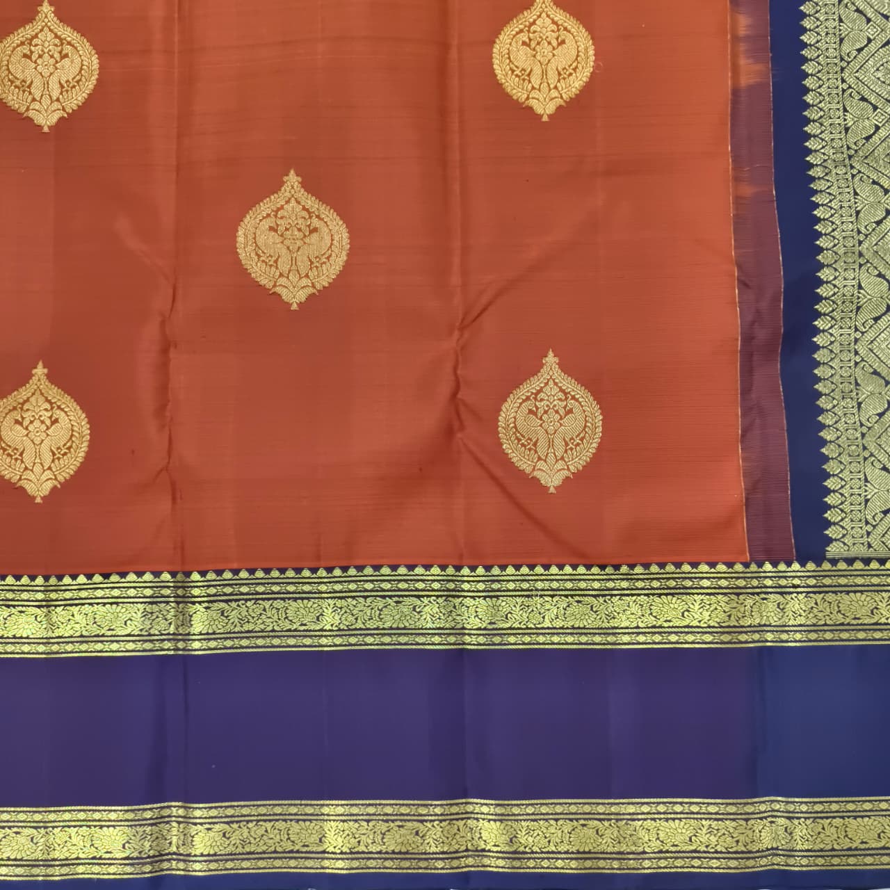 Pure Kanchipuram Silk Saree – Rust Orange and Navy Blue with Bentex
