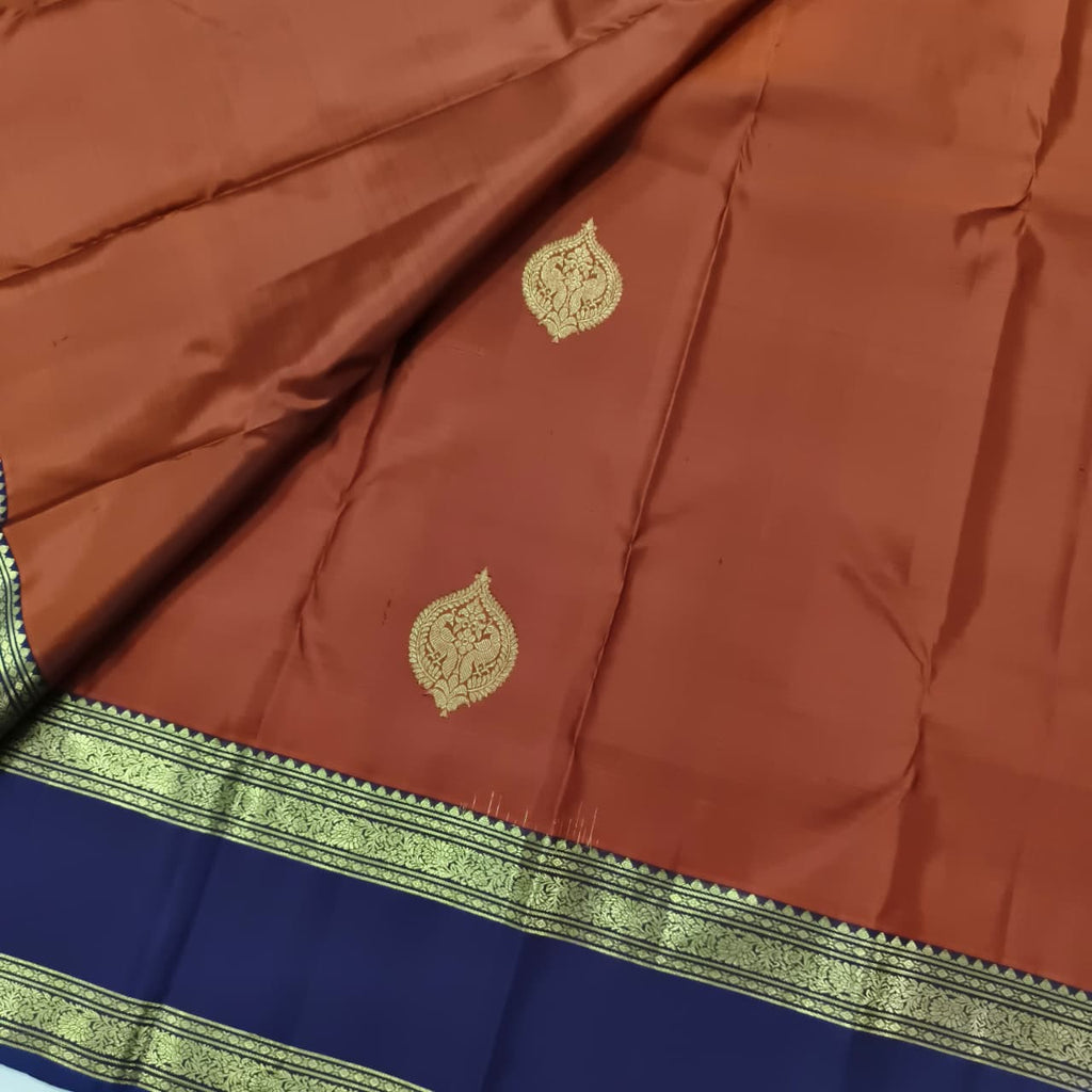 Pure Kanchipuram Silk Saree – Rust Orange and Navy Blue with Bentex