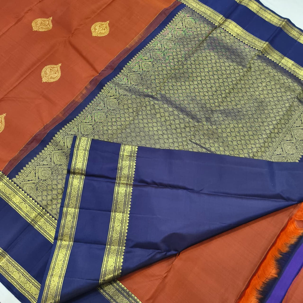 Pure Kanchipuram Silk Saree – Rust Orange and Navy Blue with Bentex