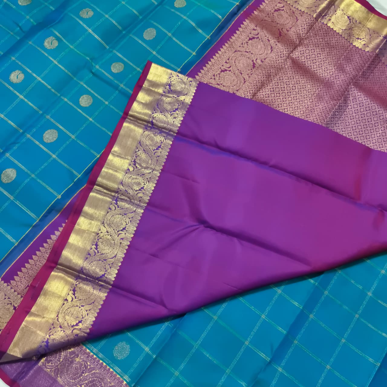 Pure Kanchipuram Silk Saree – Peacock Blue and Magenta Pink Checks