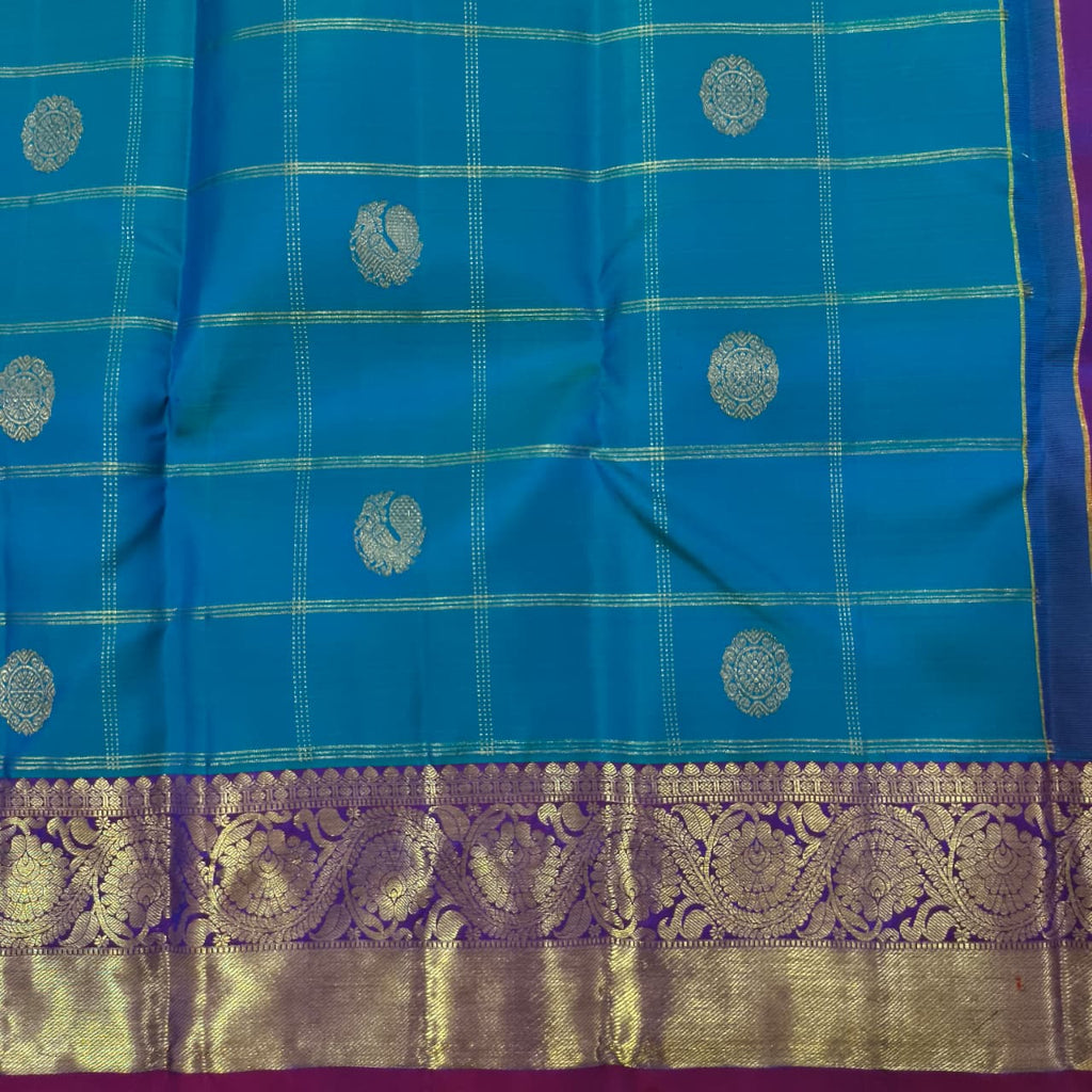 Pure Kanchipuram Silk Saree – Peacock Blue and Magenta Pink Checks