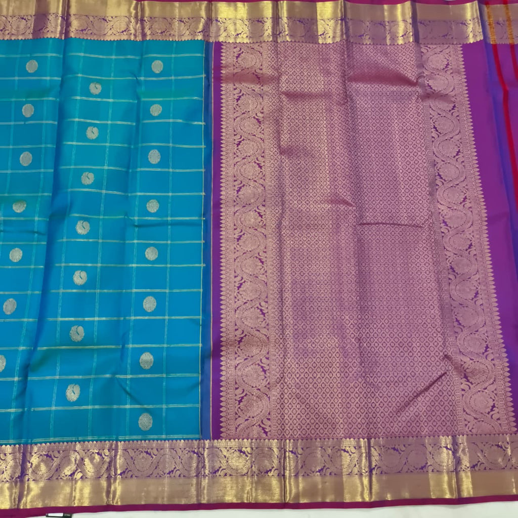 Pure Kanchipuram Silk Saree – Peacock Blue and Magenta Pink Checks