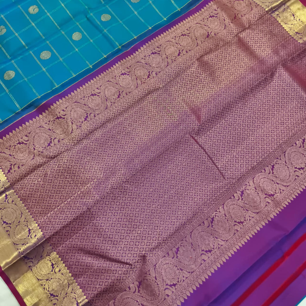 Pure Kanchipuram Silk Saree – Peacock Blue and Magenta Pink Checks