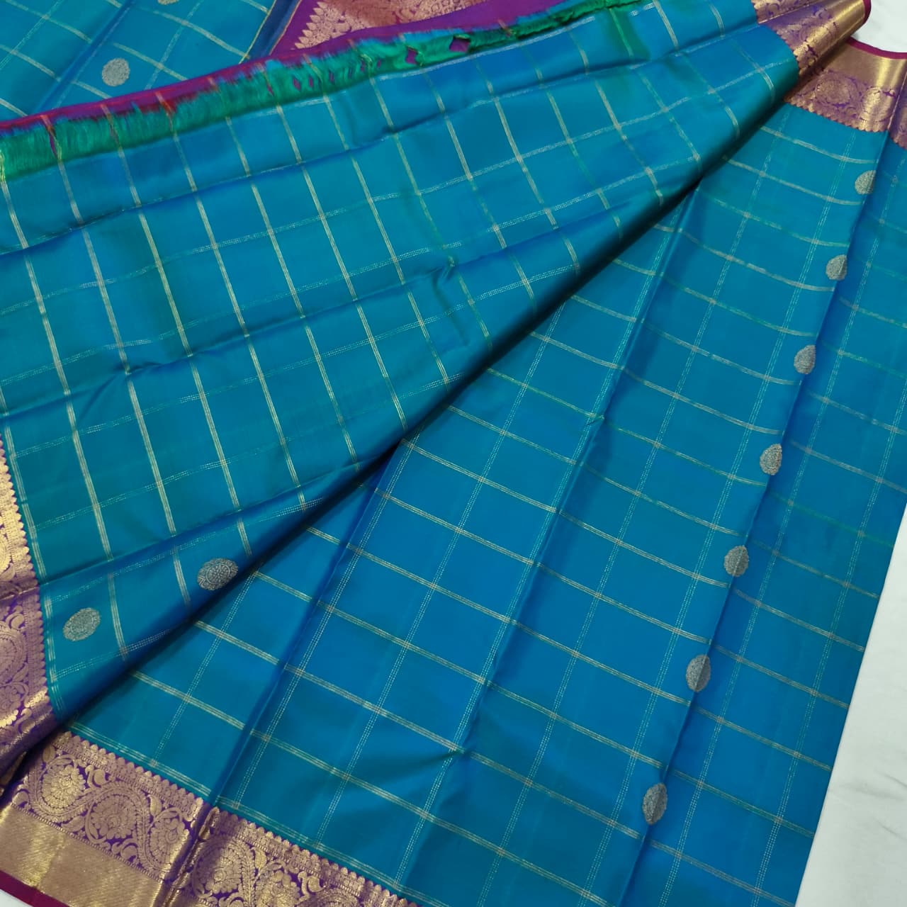 Pure Kanchipuram Silk Saree – Peacock Blue and Magenta Pink Checks