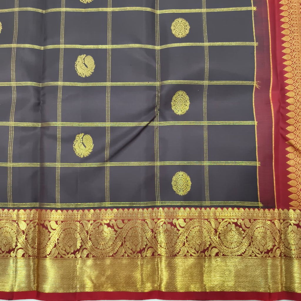 Pure Kanchipuram Silk Saree –Dark Chocolate Brown and Maroon Checks
