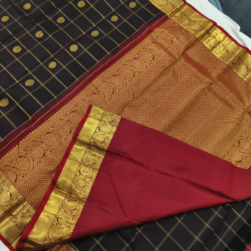 Pure Kanchipuram Silk Saree –Dark Chocolate Brown and Maroon Checks
