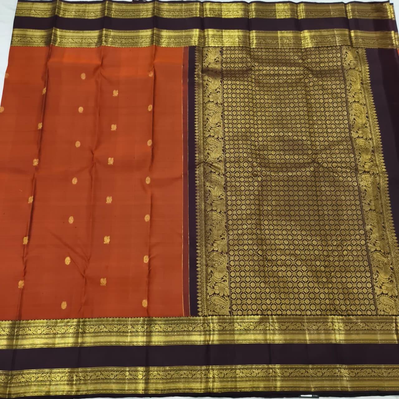 Pure Kanchipuram Silk Saree – Rust Orange and Deep Chocolate