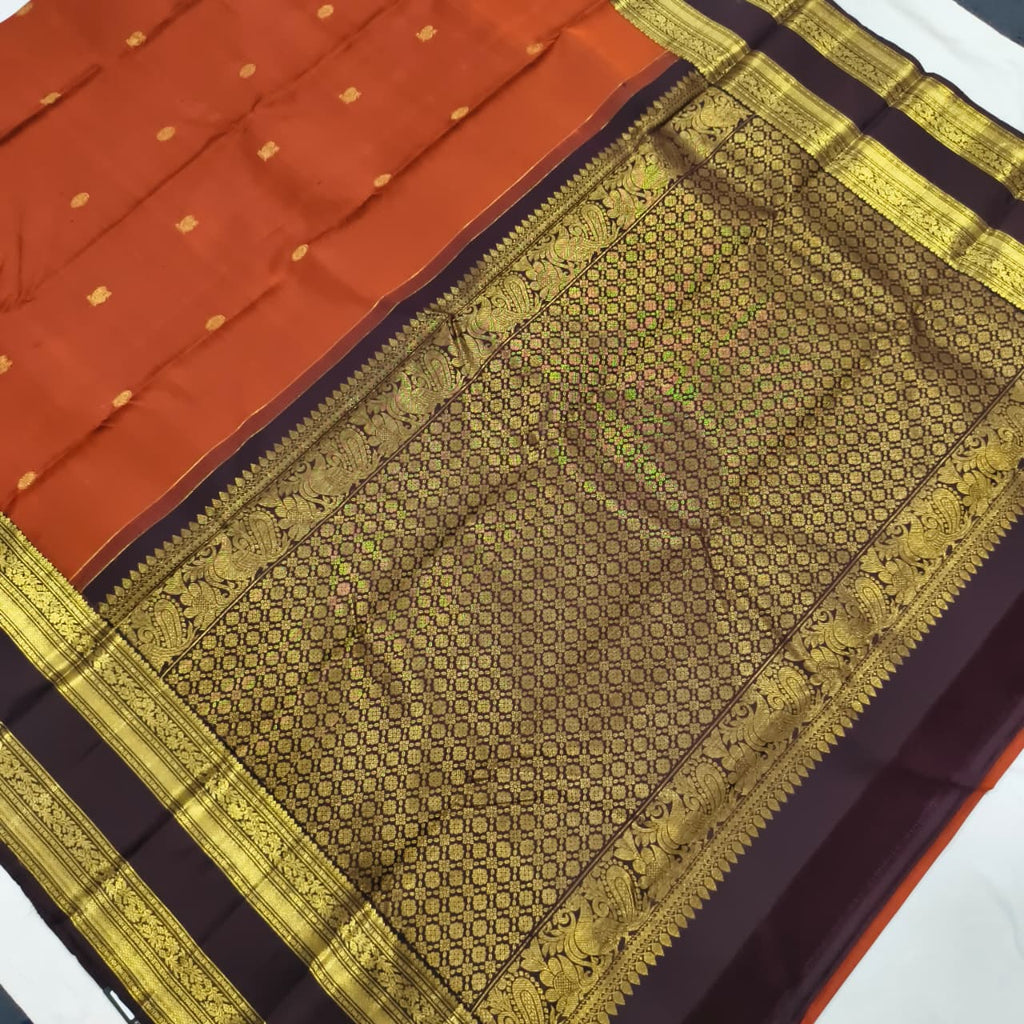 Pure Kanchipuram Silk Saree – Rust Orange and Deep Chocolate