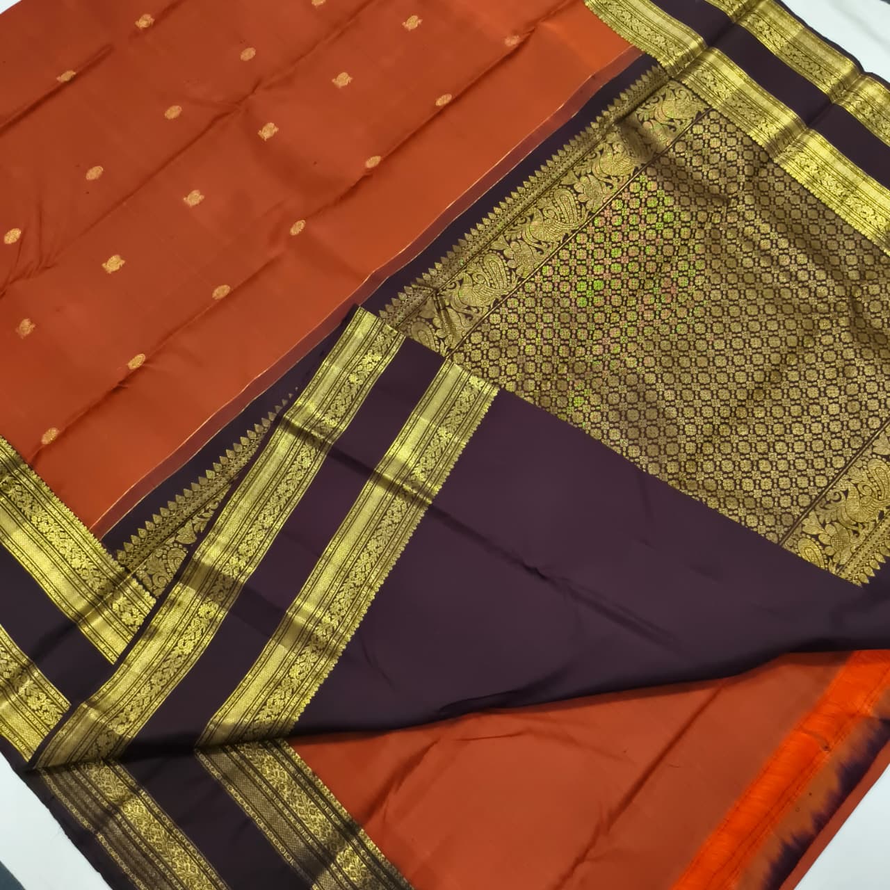 Pure Kanchipuram Silk Saree – Rust Orange and Deep Chocolate