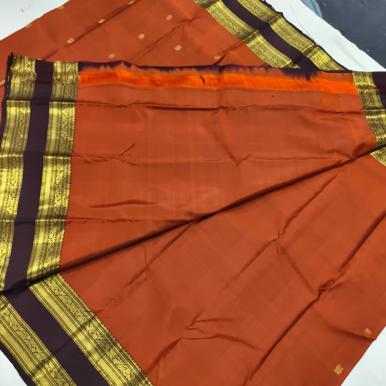 Pure Kanchipuram Silk Saree – Rust Orange and Deep Chocolate