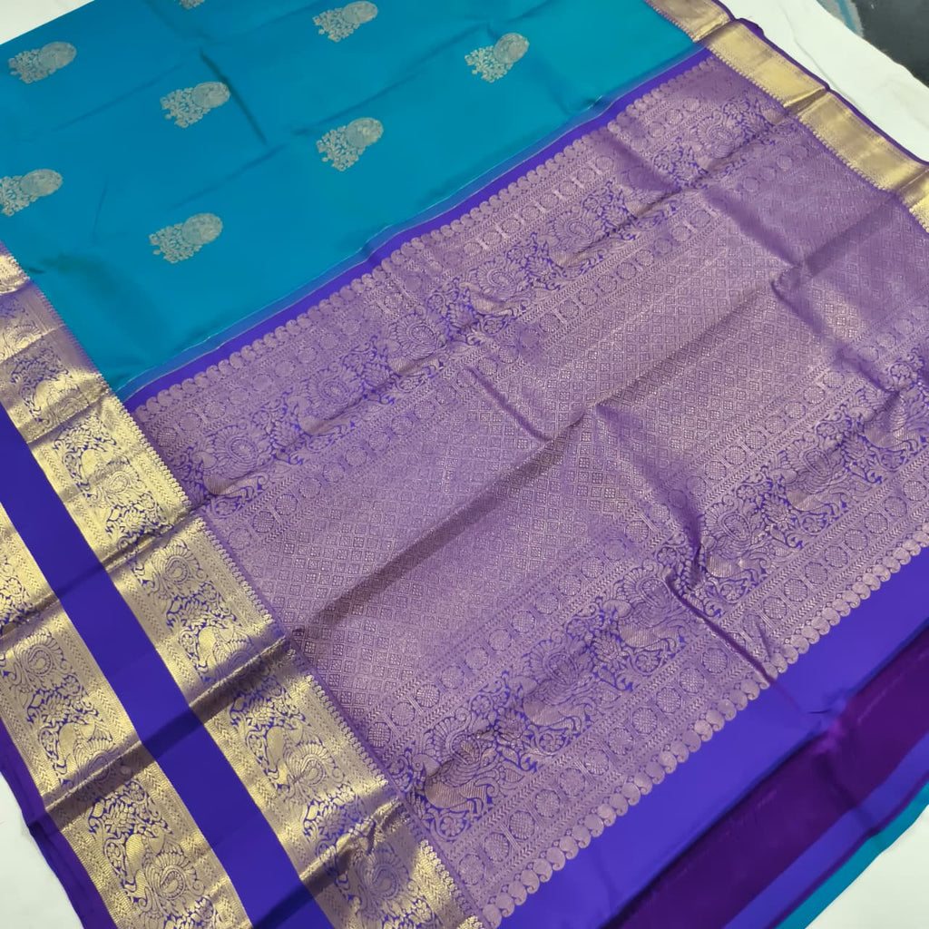 Pure Kanchipuram Silk Saree – Peacock Blue and Purple