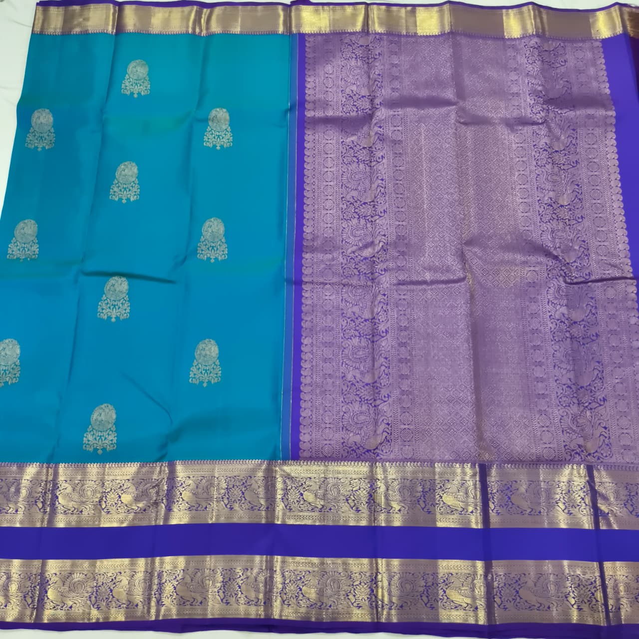 Pure Kanchipuram Silk Saree – Peacock Blue and Purple