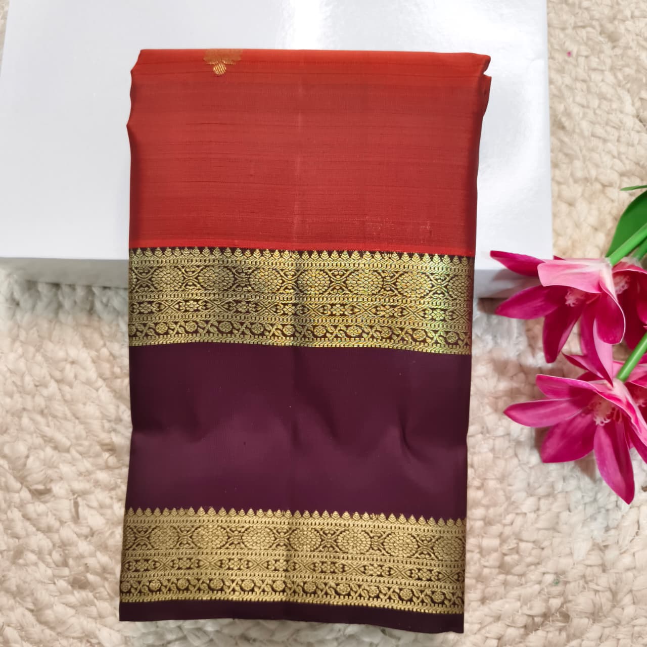 Pure Kanchipuram Silk Saree – Rust Orange and  Deep Chocolate
