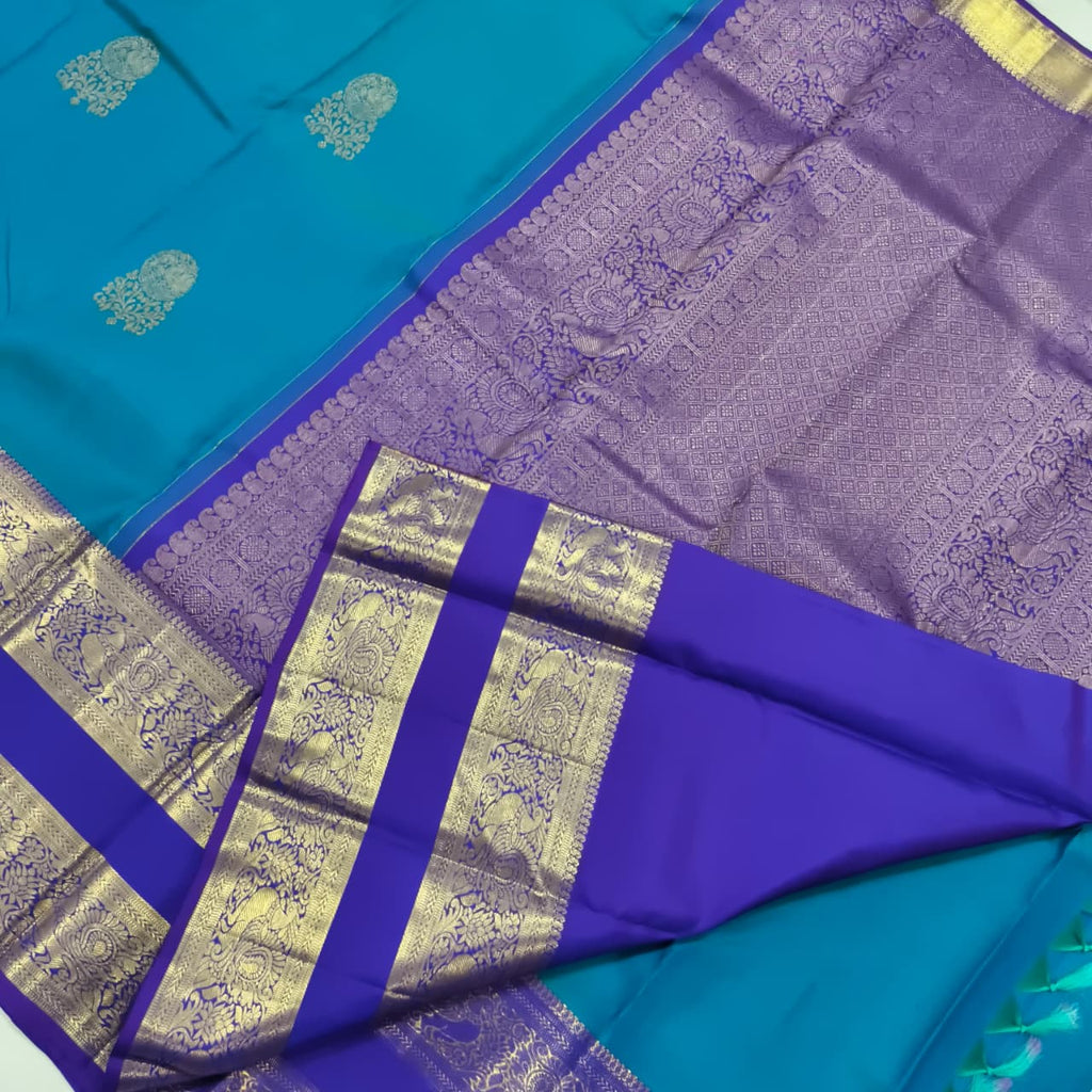Pure Kanchipuram Silk Saree – Peacock Blue and Purple