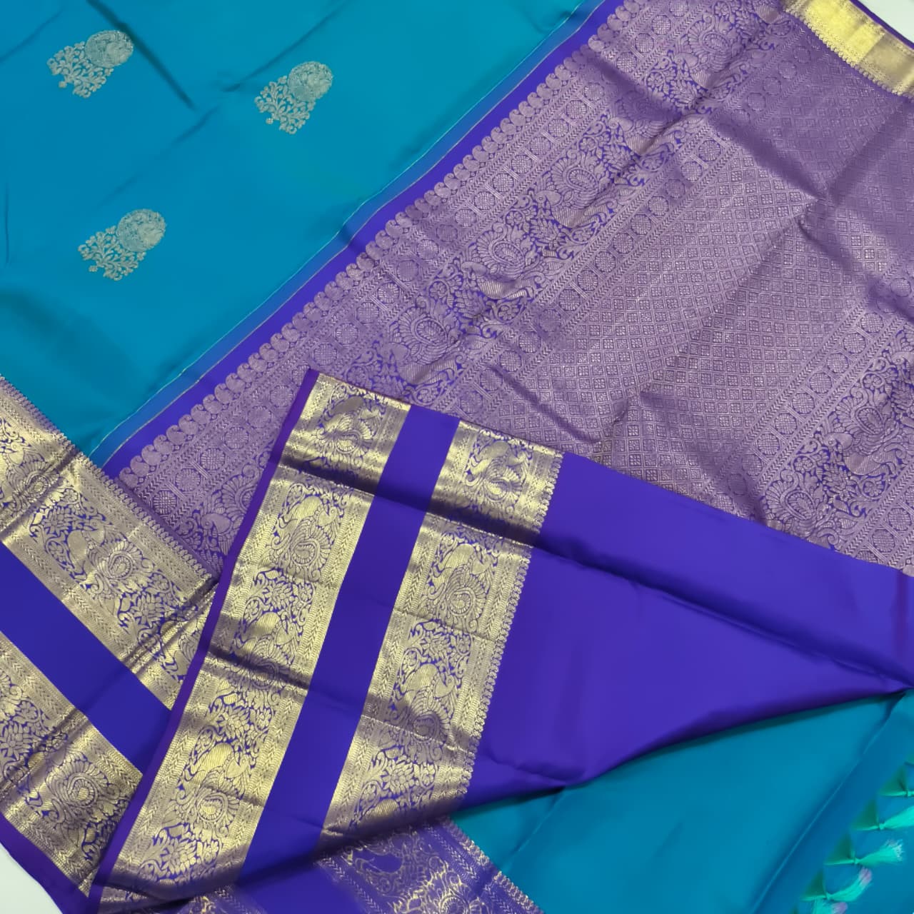 Pure Kanchipuram Silk Saree – Peacock Blue and Purple
