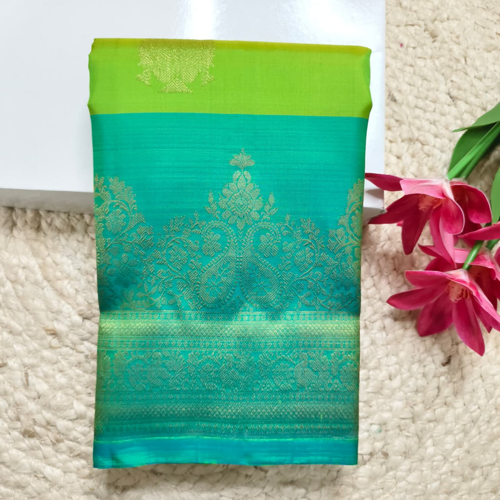 Pure Kanchipuram Silk Saree – Parrot Green and Blue