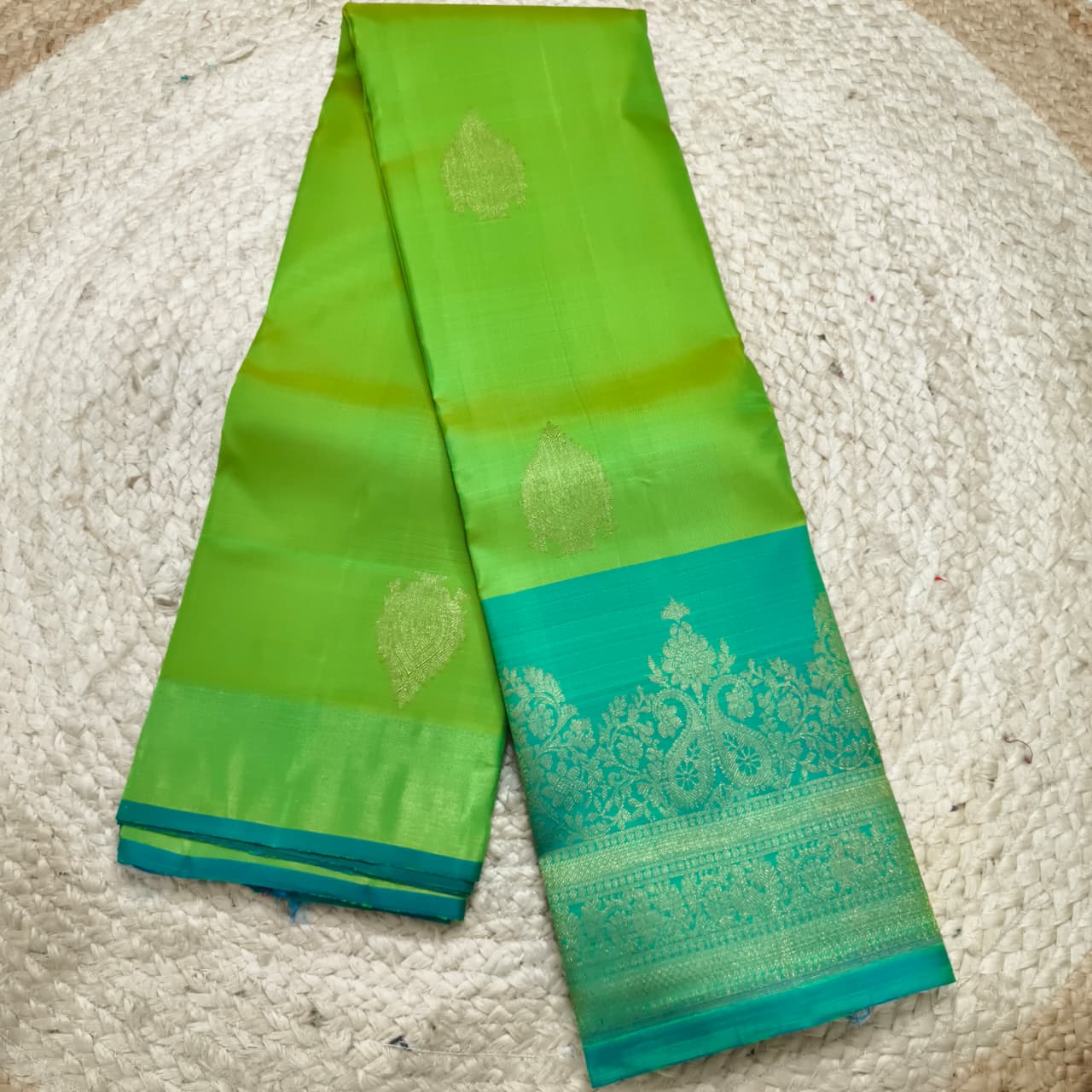 Pure Kanchipuram Silk Saree – Parrot Green and Blue