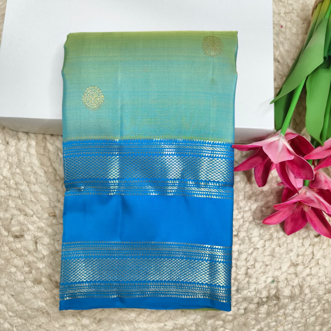 Pure Kanchipuram Silk Saree – Aqua Green and Blue