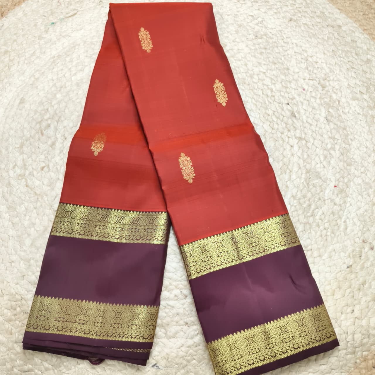 Pure Kanchipuram Silk Saree – Rust Orange and  Deep Chocolate