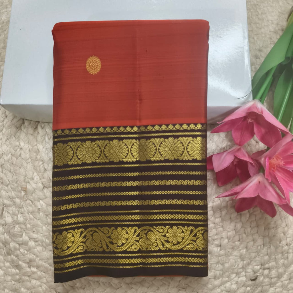 Pure Kanchipuram Silk Saree – Rust Orange and  Deep Chocolate