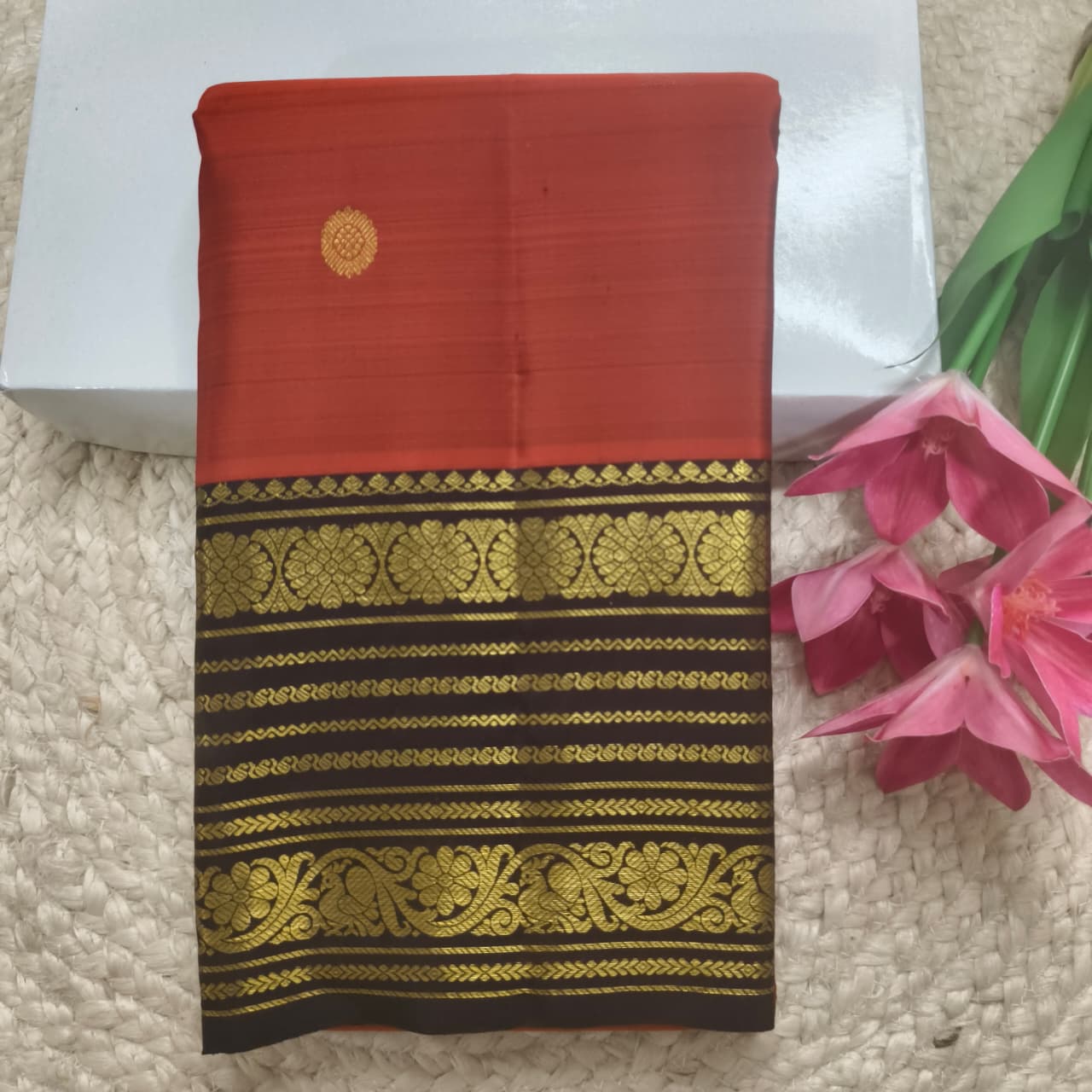 Pure Kanchipuram Silk Saree – Rust Orange and  Deep Chocolate
