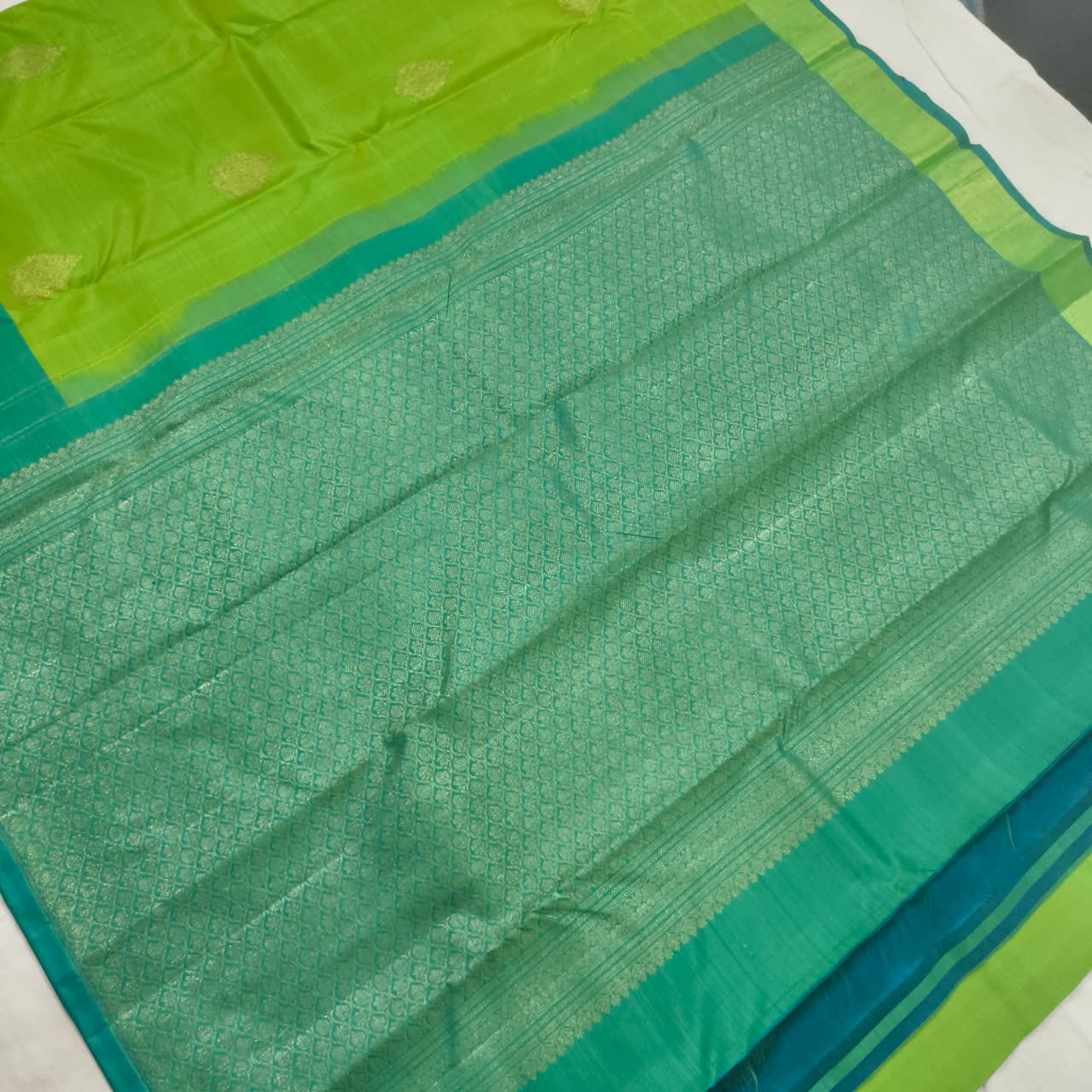Pure Kanchipuram Silk Saree – Parrot Green and Blue