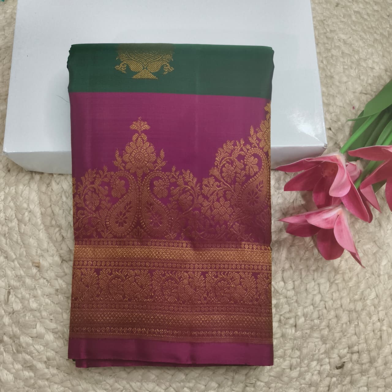 Pure Kanchipuram Silk Saree –Bottle Green and Magenta