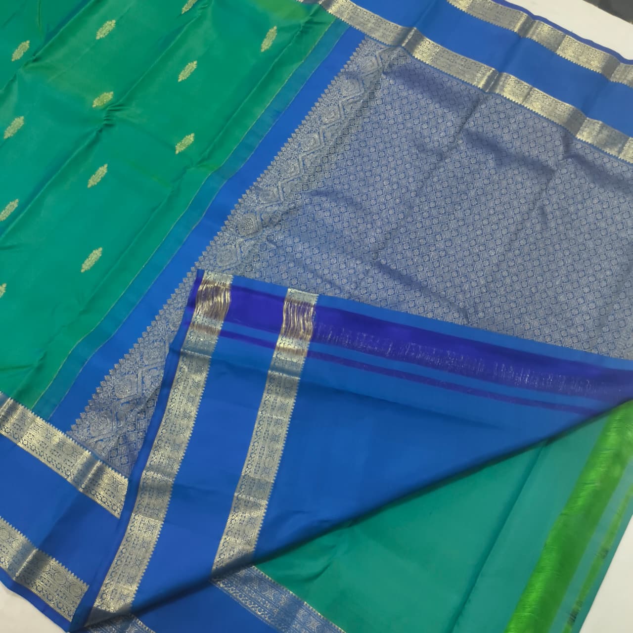 Pure Kanchipuram Silk Saree – Peacock Green and Blue