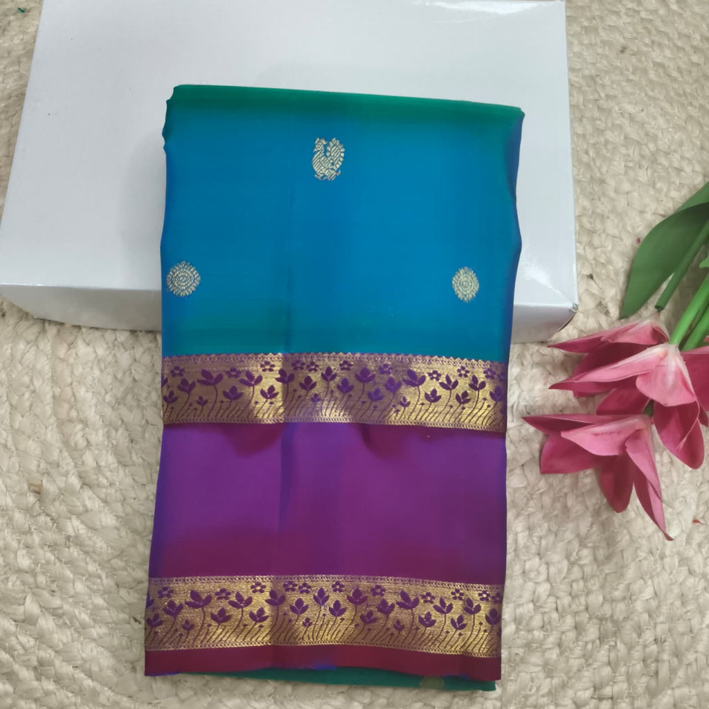 Pure Kanchipuram Silk Saree – Peacock Blue and Wine