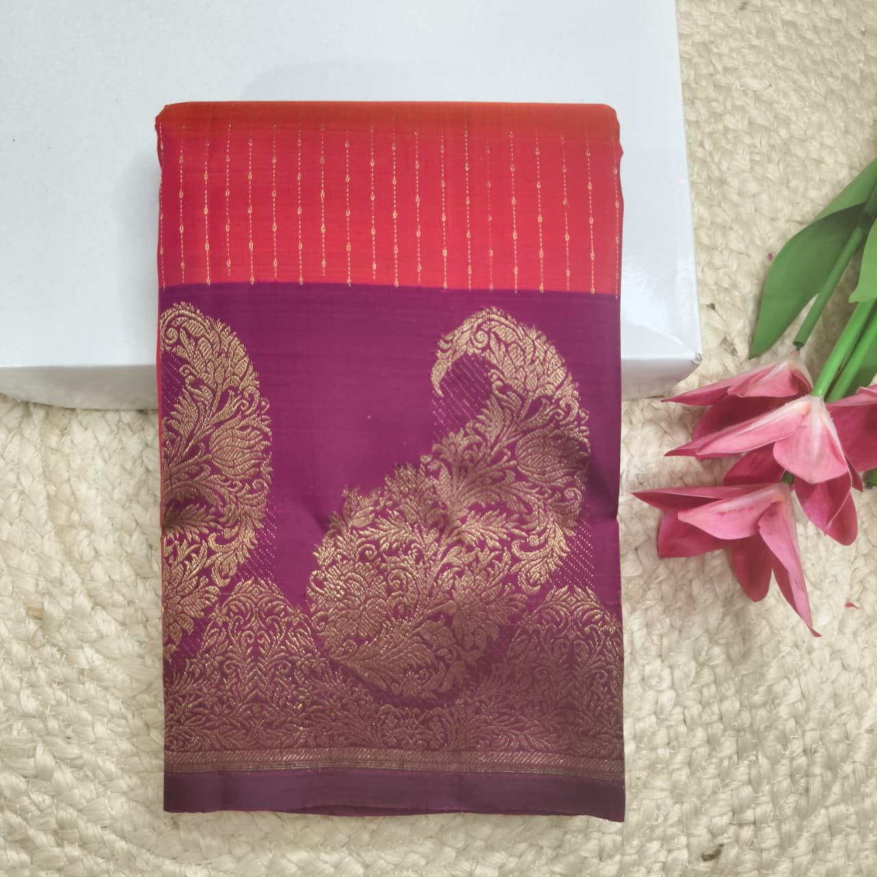 Pure Kanchipuram Silk Saree – Coral Pink and Wine