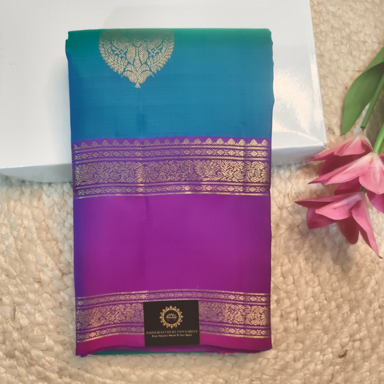 Pure Kanchipuram Silk Saree – Peacock Blue and Magenta Pink
