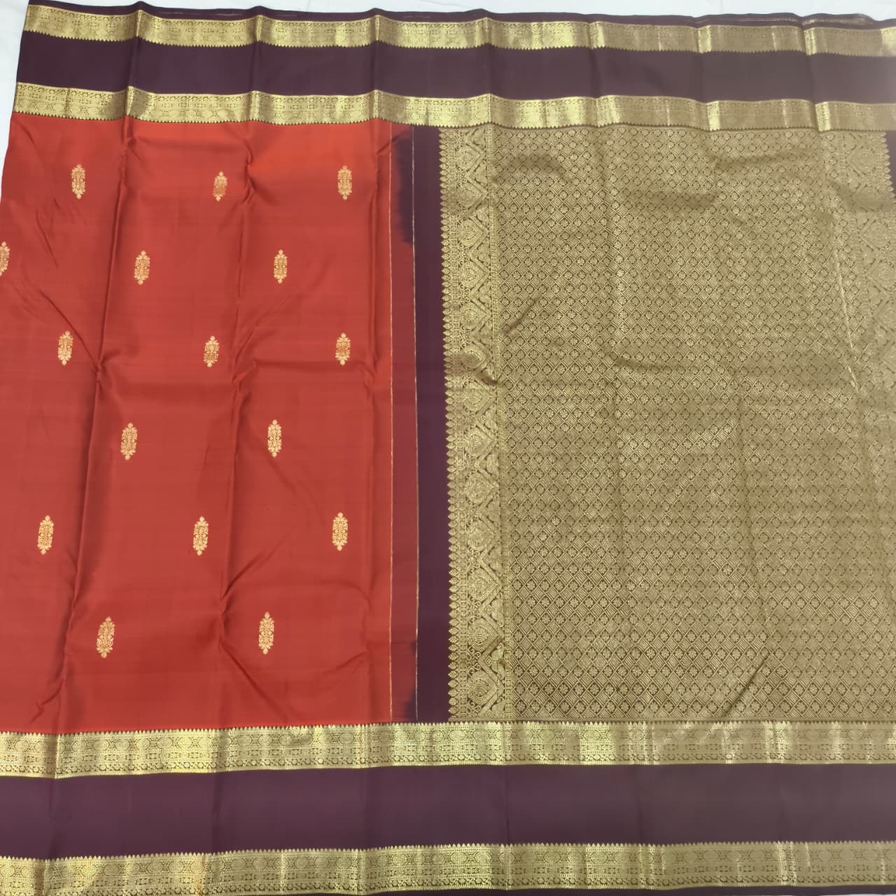 Pure Kanchipuram Silk Saree – Rust Orange and  Deep Chocolate