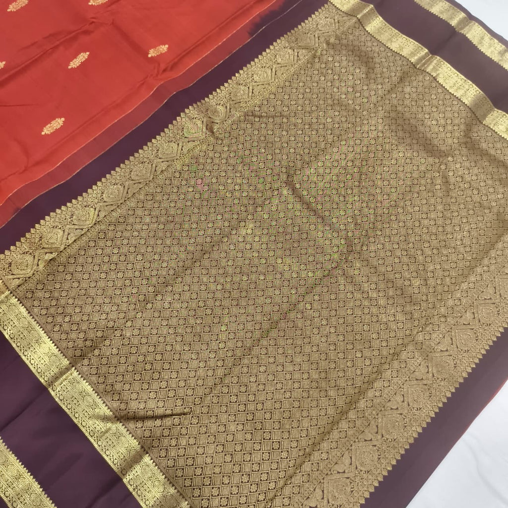 Pure Kanchipuram Silk Saree – Rust Orange and  Deep Chocolate
