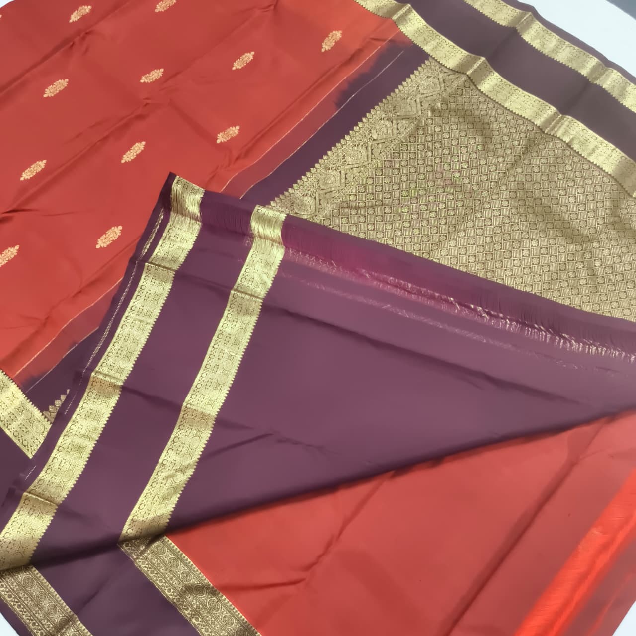 Pure Kanchipuram Silk Saree – Rust Orange and  Deep Chocolate
