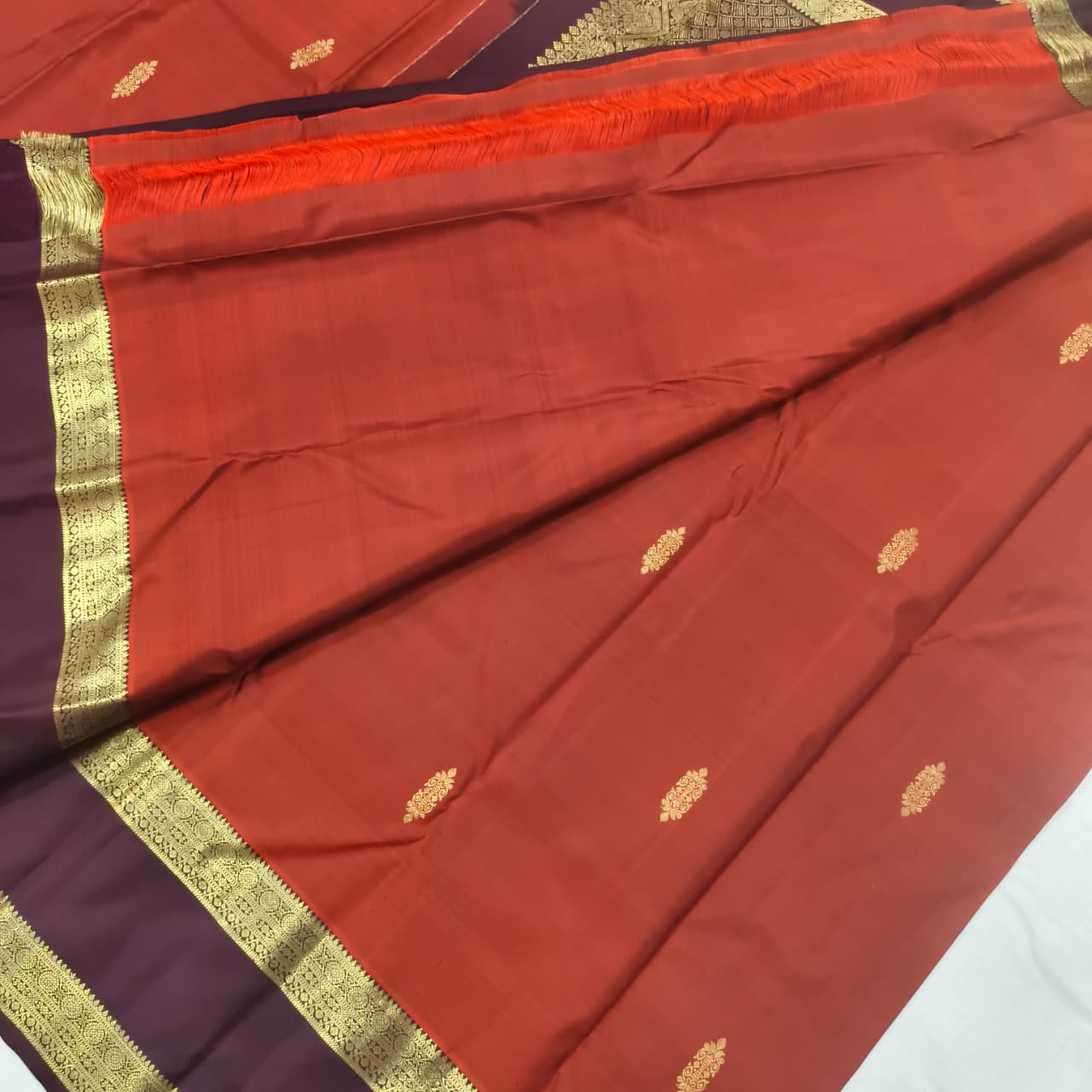 Pure Kanchipuram Silk Saree – Rust Orange and  Deep Chocolate