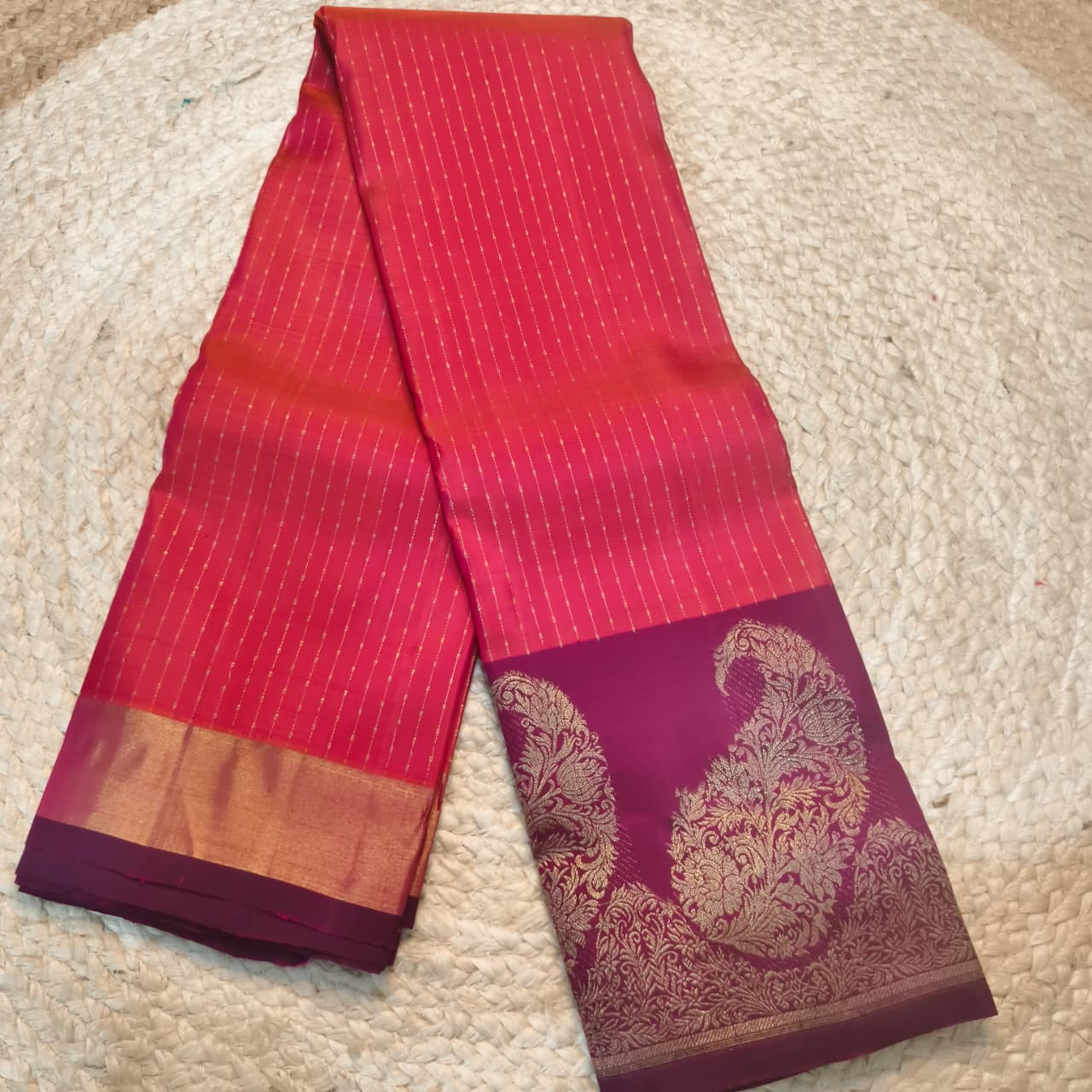 Pure Kanchipuram Silk Saree – Coral Pink and Wine