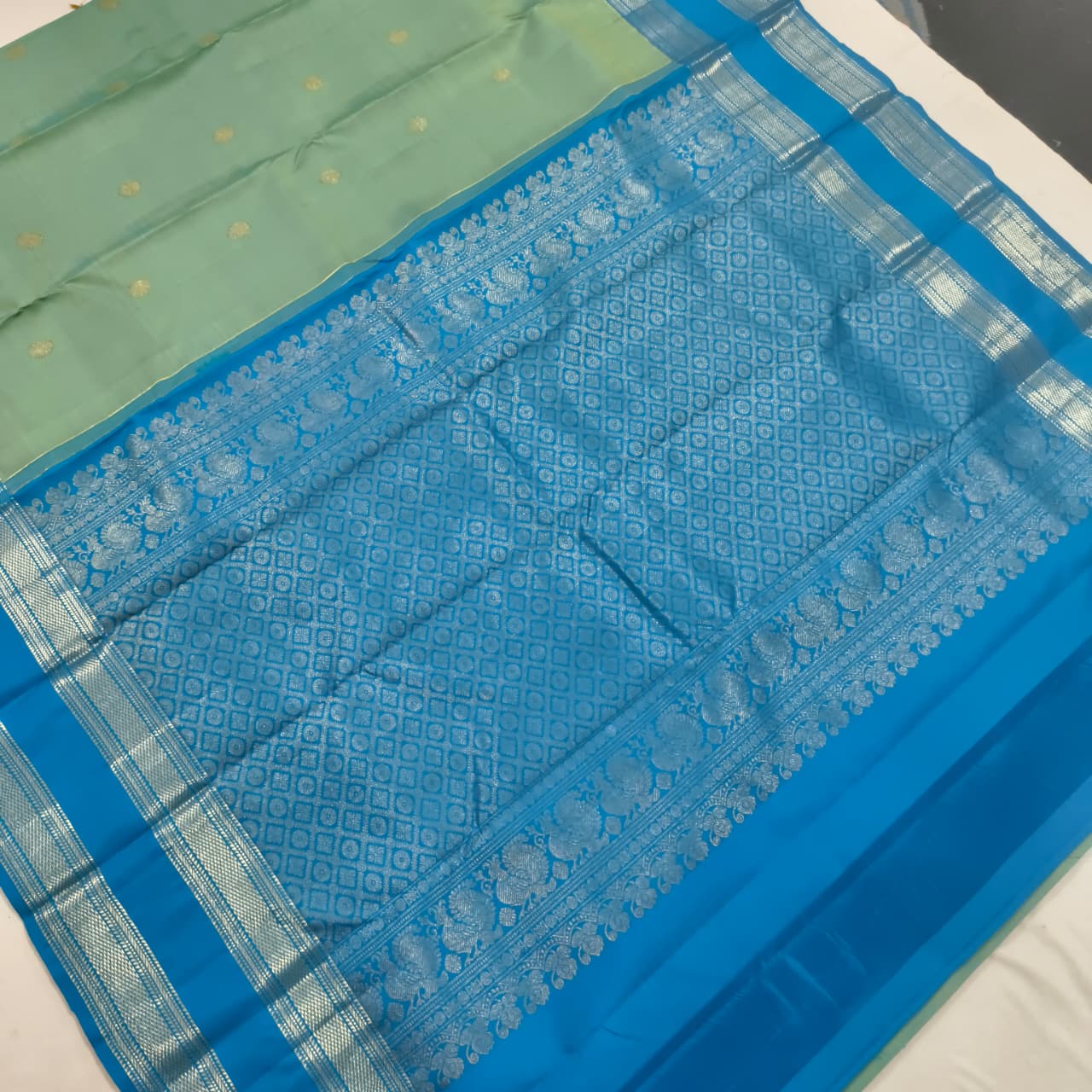 Pure Kanchipuram Silk Saree – Aqua Green and Blue