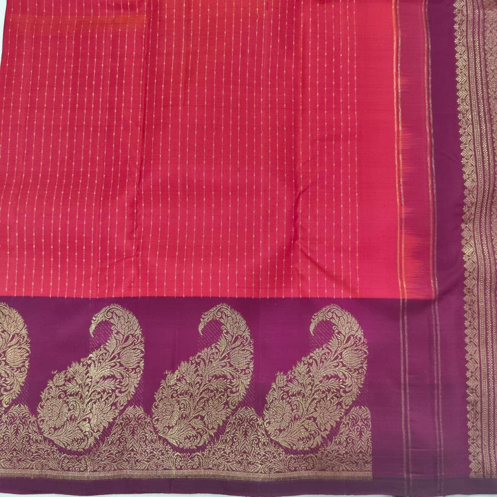 Pure Kanchipuram Silk Saree – Coral Pink and Wine
