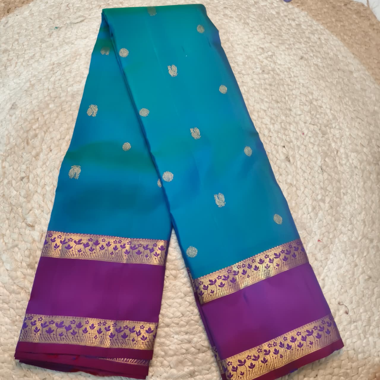 Pure Kanchipuram Silk Saree – Peacock Blue and Wine