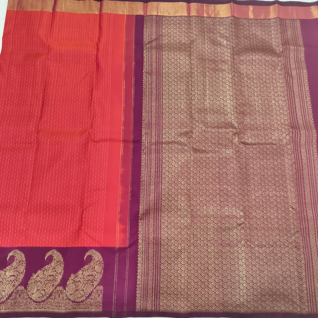 Pure Kanchipuram Silk Saree – Coral Pink and Wine