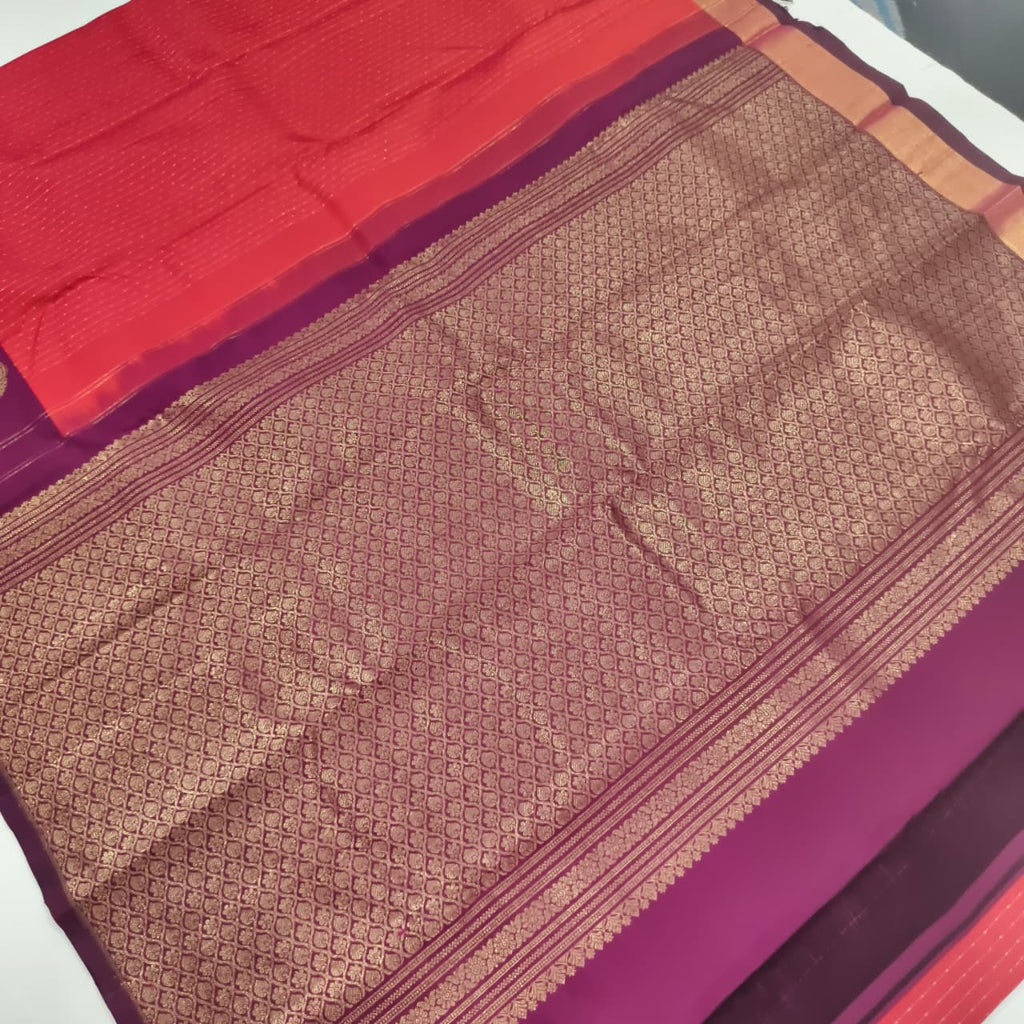 Pure Kanchipuram Silk Saree – Coral Pink and Wine