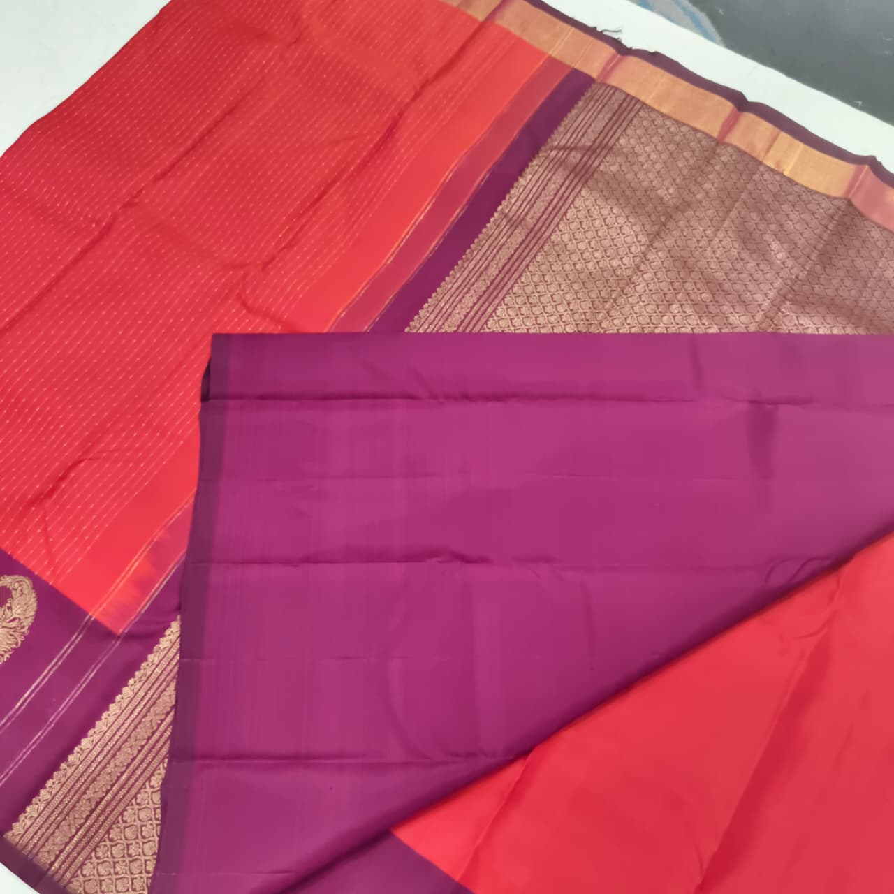 Pure Kanchipuram Silk Saree – Coral Pink and Wine