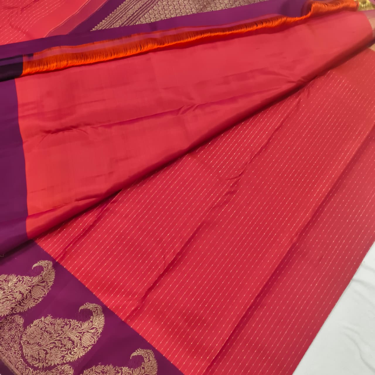 Pure Kanchipuram Silk Saree – Coral Pink and Wine
