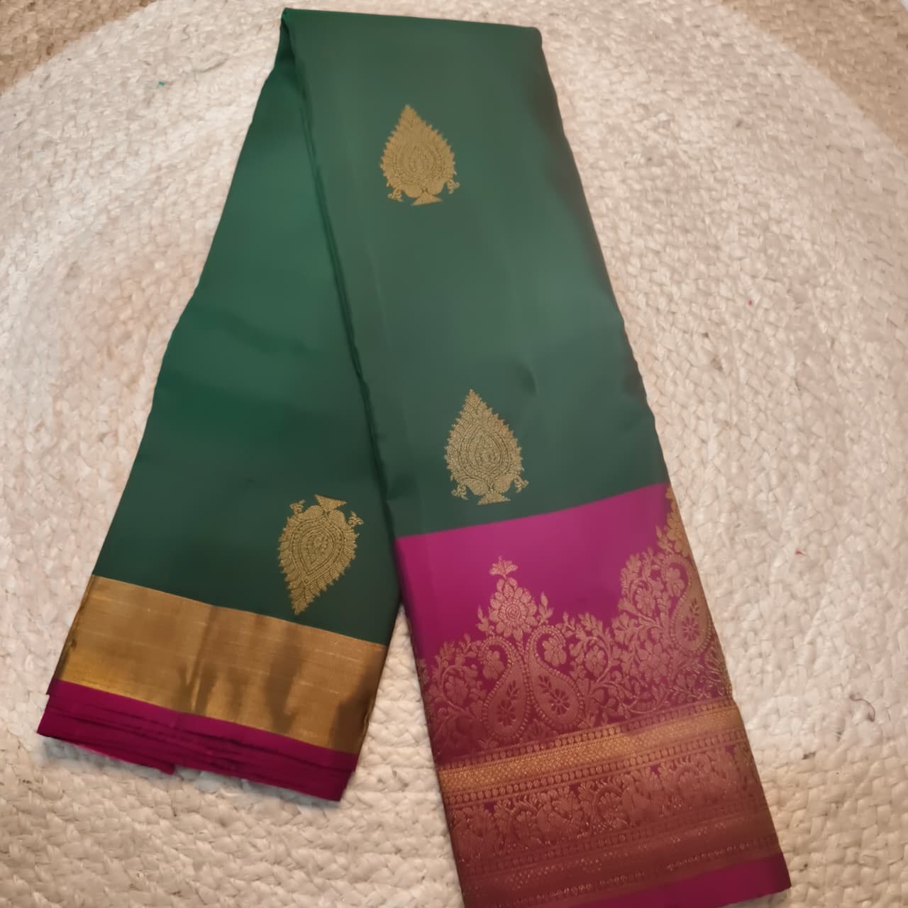 Pure Kanchipuram Silk Saree –Bottle Green and Magenta