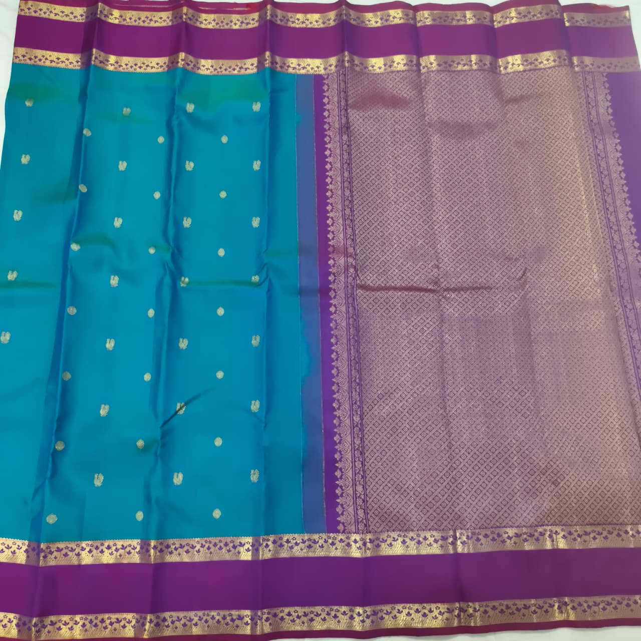 Pure Kanchipuram Silk Saree – Peacock Blue and Wine