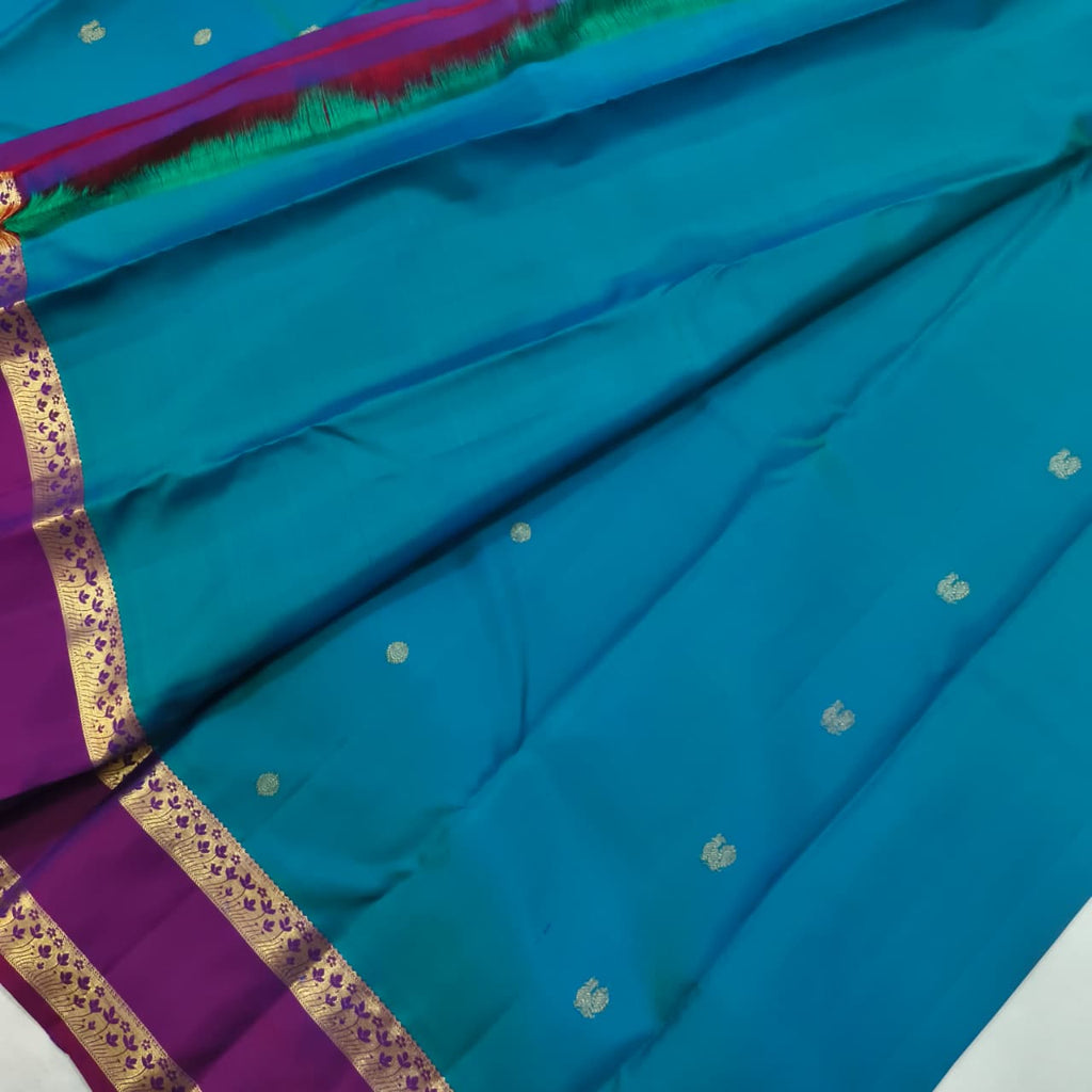 Pure Kanchipuram Silk Saree – Peacock Blue and Wine