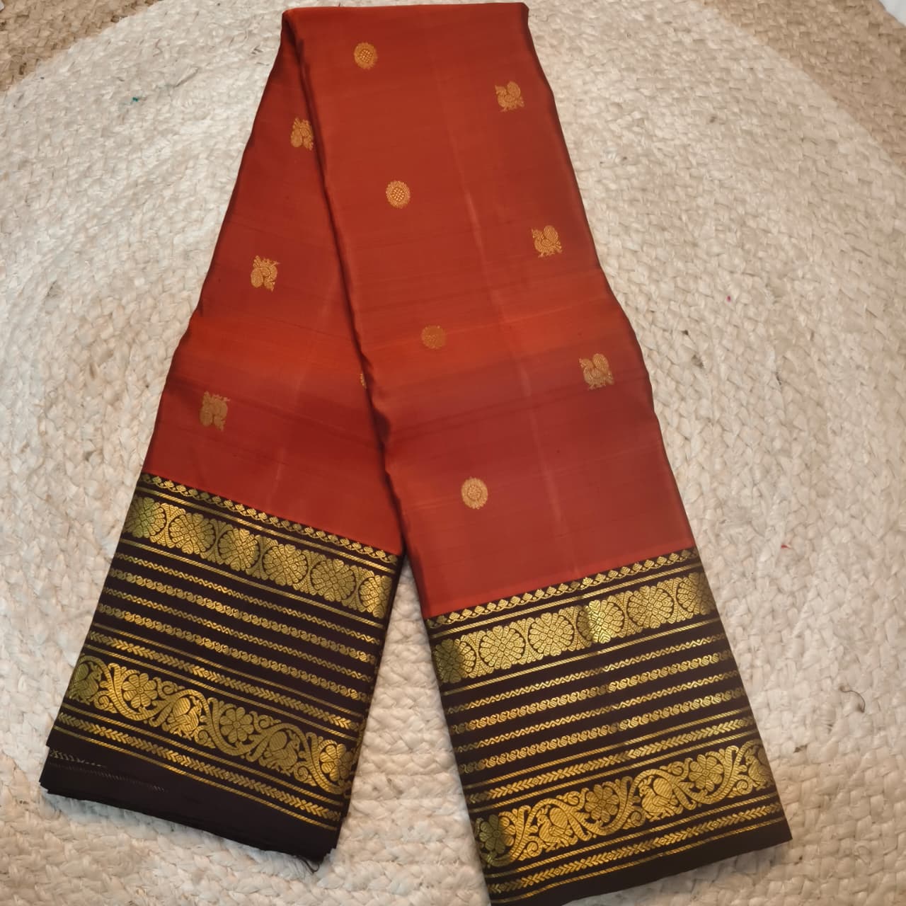 Pure Kanchipuram Silk Saree – Rust Orange and  Deep Chocolate