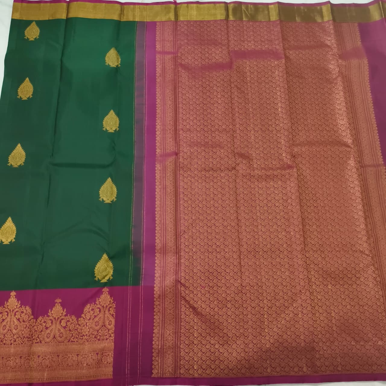 Pure Kanchipuram Silk Saree –Bottle Green and Magenta