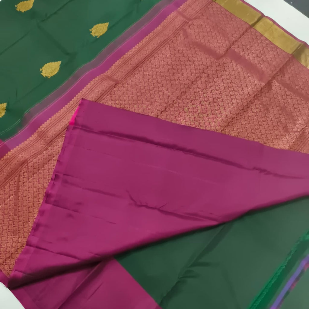 Pure Kanchipuram Silk Saree –Bottle Green and Magenta